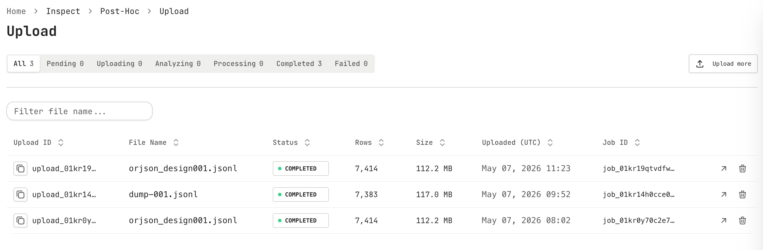 Moyai upload traces screen